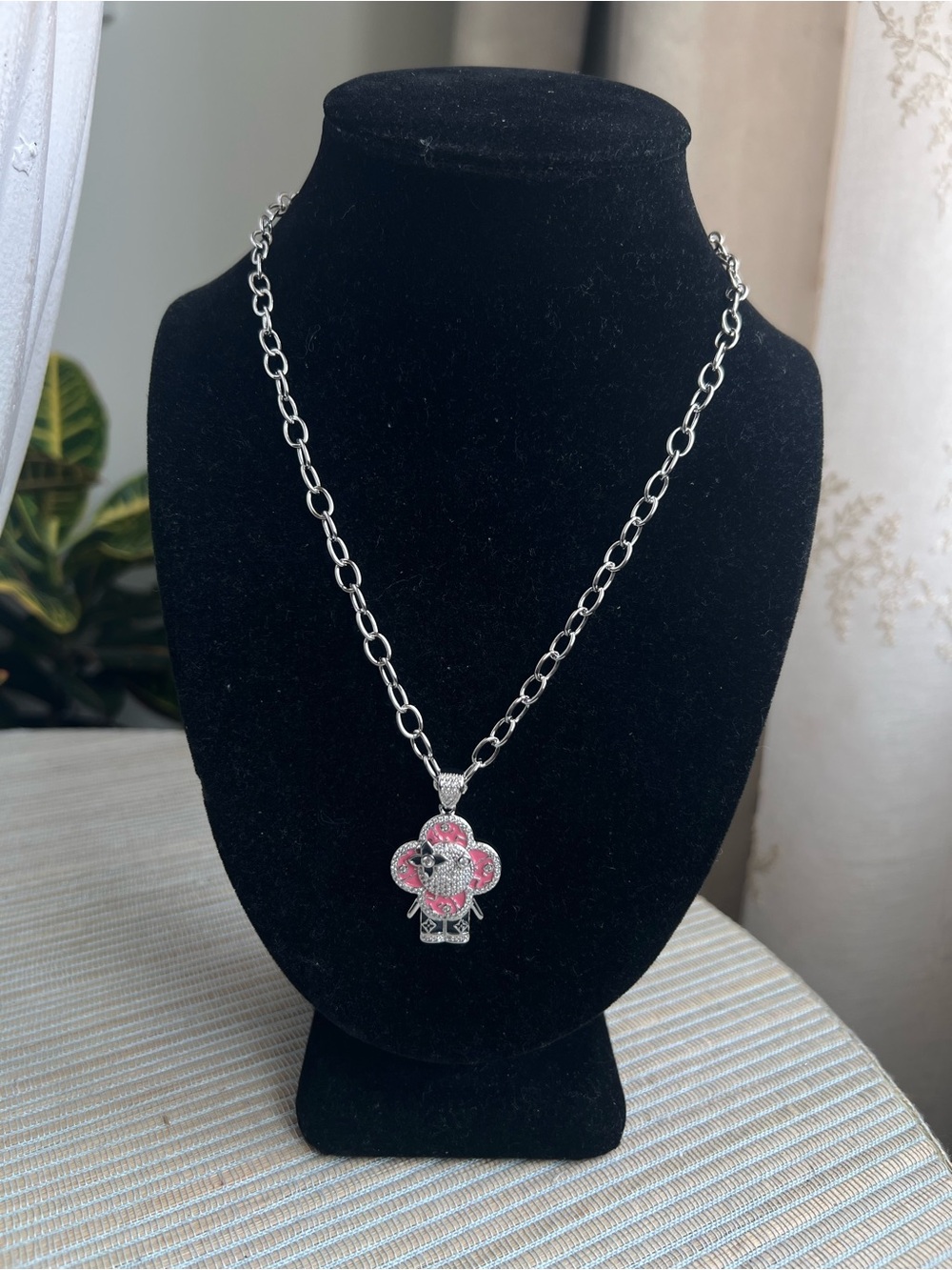 Silver and Pink Floral face with pavé and engraved accented floral necklace